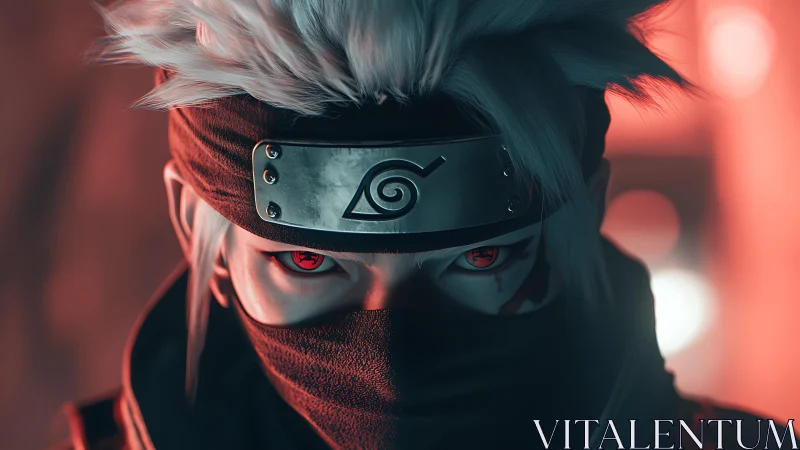 Masked silver-haired ninja stares ahead with glowing red eyes.