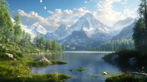 Snow-capped mountains rise above tranquil alpine lake at dawn.