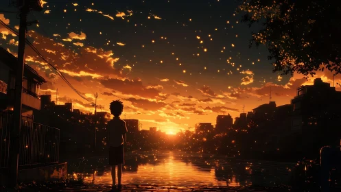Boy under emberlit sunset sky beside quiet riverside homes.