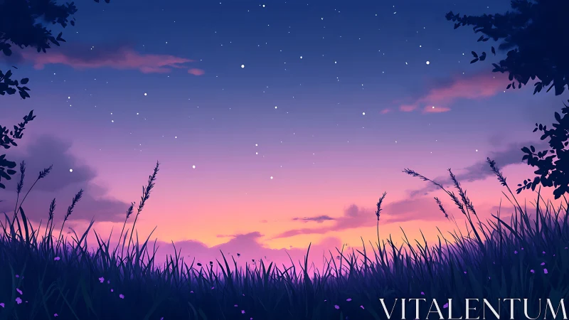 Whispering meadow silhouettes under a candy dusk sky.