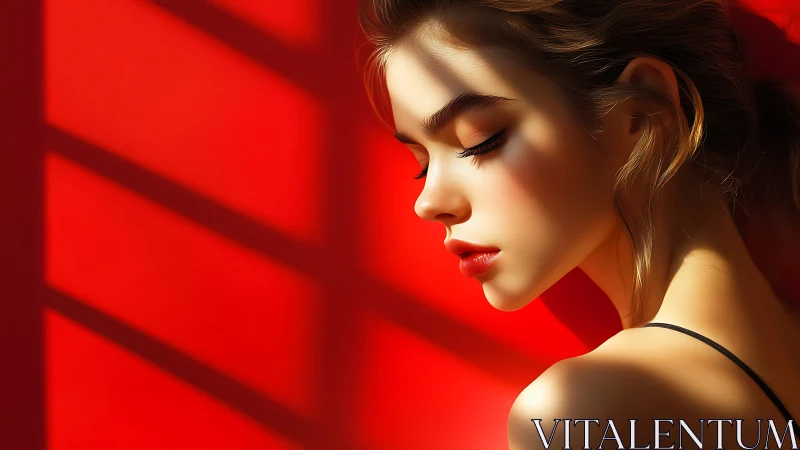 Sunlit quiet moment against a vivid red daydream wall.