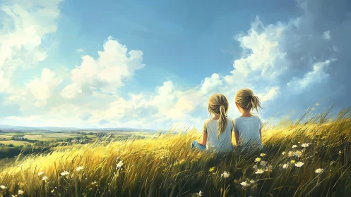 Sisters in windlit meadow under sweeping summer sky.