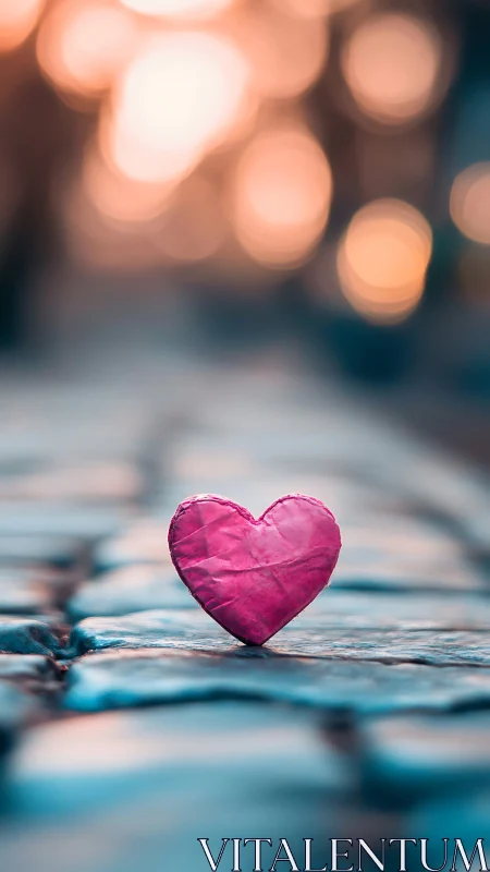 Magenta Heart Rests Upon Weathered Blue Stone Mosaic Below Golden Bokeh Lights