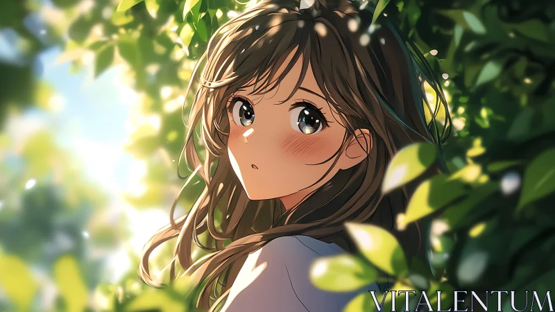 Sunlit garden gaze with softly blushing anime girl.