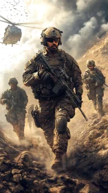 Photorealistic tactical squad advancing through combat dust storm.