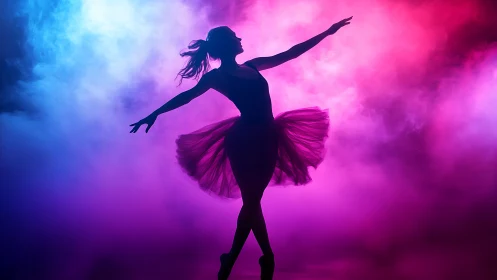 Graceful ballerina silhouette glows in dreamy neon color haze