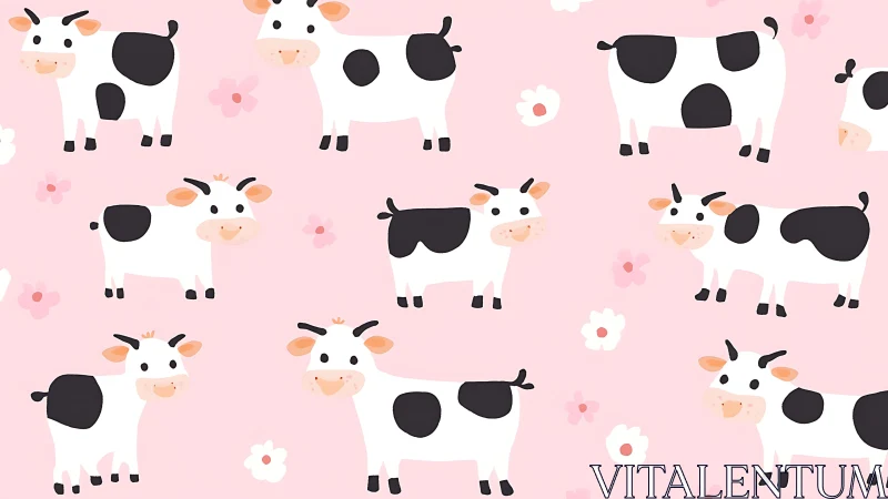 Smiling cartoon cows parade across a rosy spring meadow