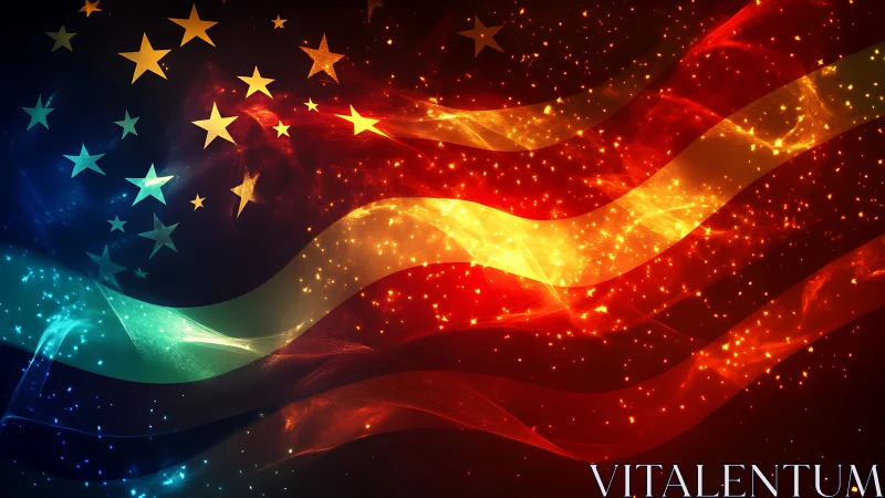 Glowing abstract American flag with bright stars and light.