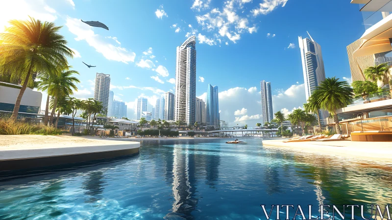 Coastal Urban Waterfront With High-Rise Architecture and Tropical Vegetation