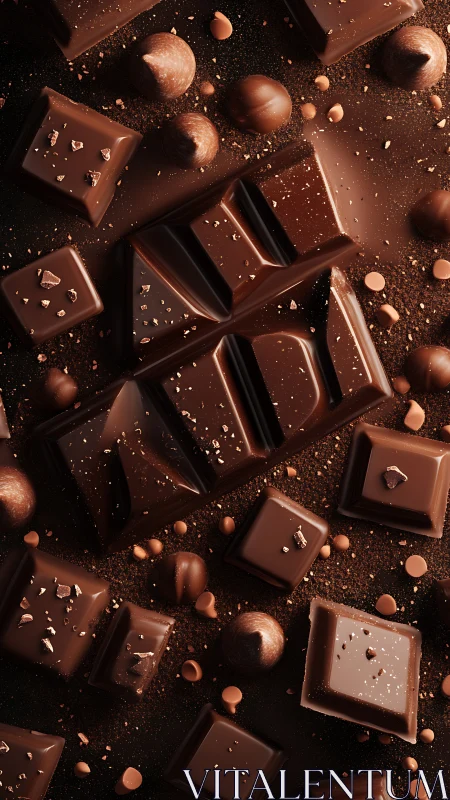 Rich chocolate squares and truffles on cocoa background.