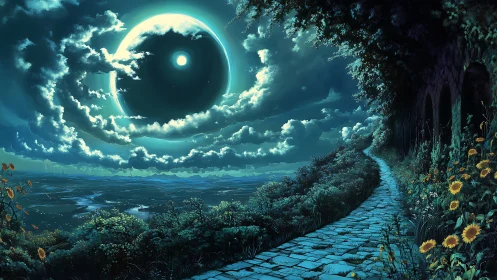 Luminous lunar eclipse over cobblestone path in fantasy landscape.