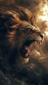 Roaring lion erupts through stormlit embers and smoke