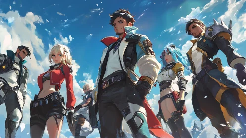 Bold skybound heroes gathered beneath bright drifting clouds.