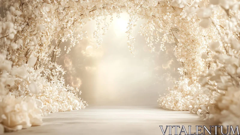 Dreamy white flower tunnel glowing with gentle golden light.