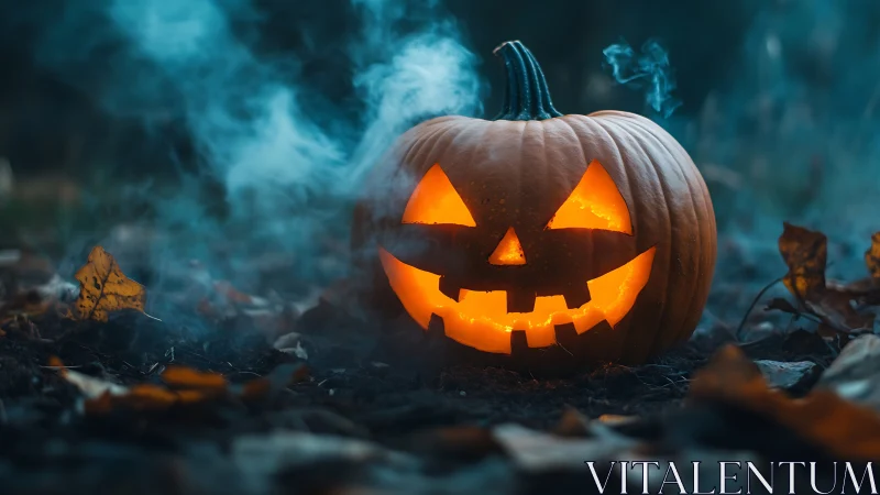 Jack-o’-lantern glows in smoky blue twilight forest floor.