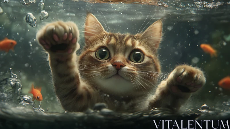 Tabby cat underwater touching glass with raised paws and wide eyes
