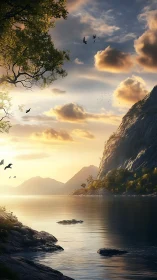 Golden hour mountain fjord with reflective still water and birds