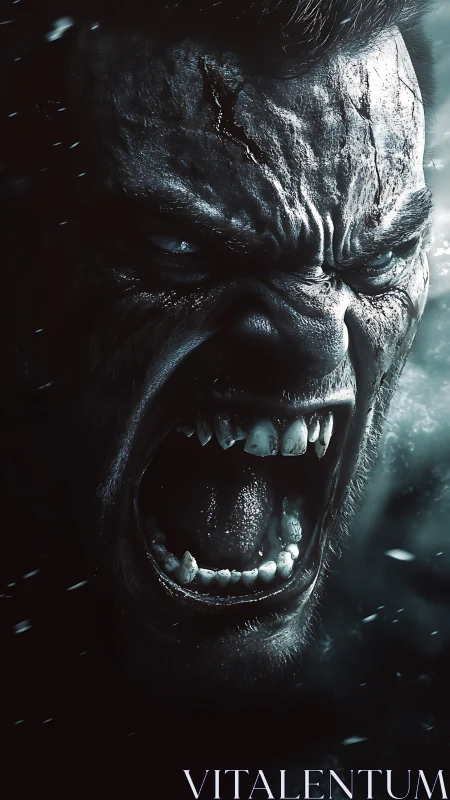 Photorealistic feral roar close-up with extreme chiaroscuro detail.