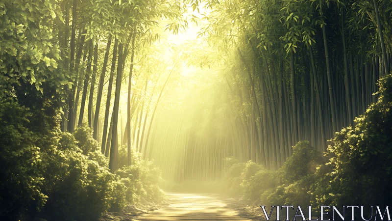 Sunlit bamboo path where quiet light gently finds you.