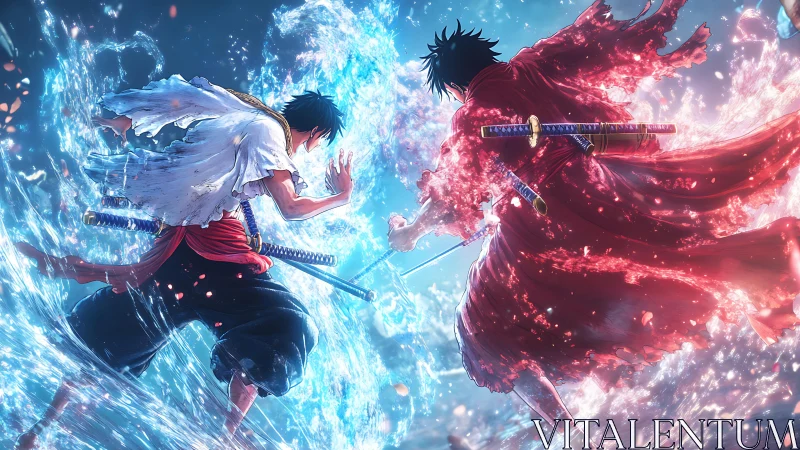 Elemental duel between swordsmen rendered in dynamic anime style