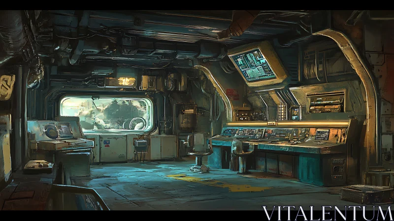 Control room shows worn futuristic consoles and windowed wall
