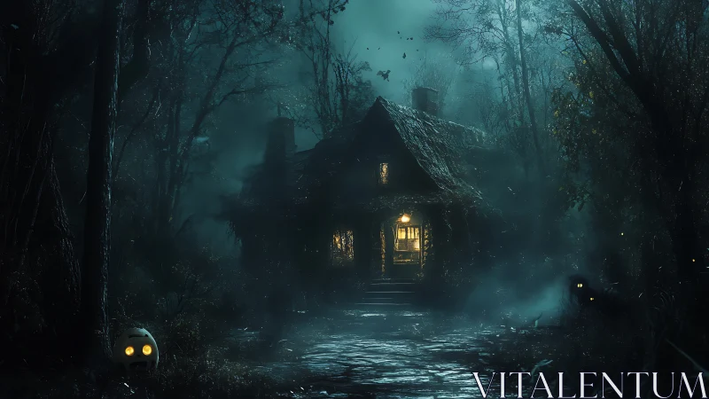 Isolated woodland cabin with illuminated doorway at night.