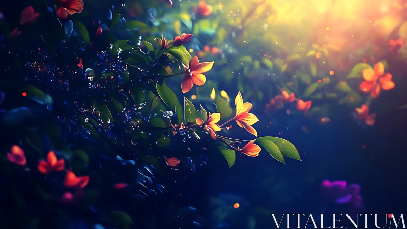 High-contrast botanical subject with warm-toned floral elements and volumetric lighting