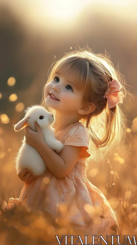 Young girl with white rabbit in golden sunrise light.