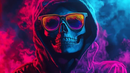 Neon hooded skull wears reflective sunglasses in vapor clouds