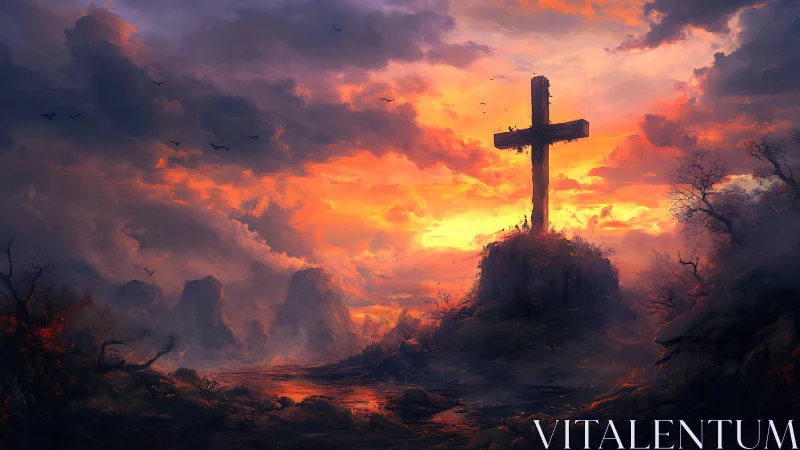 Backlit wooden cross crowns rocky hill under volumetric sunset