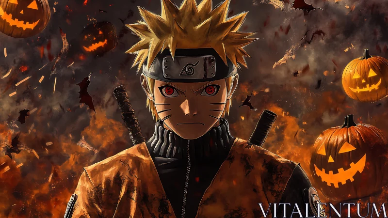 Haunted ninja warrior stands bold amid swirling pumpkins.