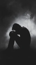 Silhouetted sorrow curls inward against a storm of mute light