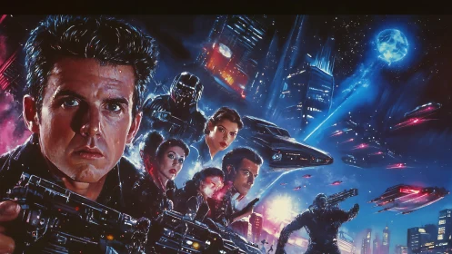 Retro sci fi team faces alien invasion over neon city.
