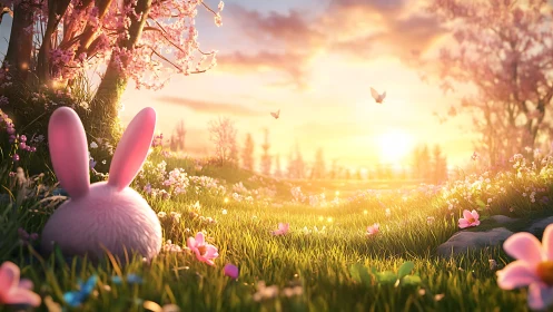 Soft-eared bunny resting in glowing spring meadow at dawn.