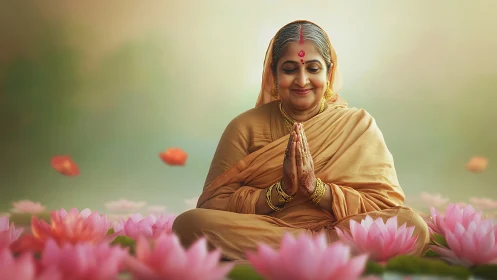 Elderly Indian Woman Meditating in Lotus Garden, Serene Art Style.