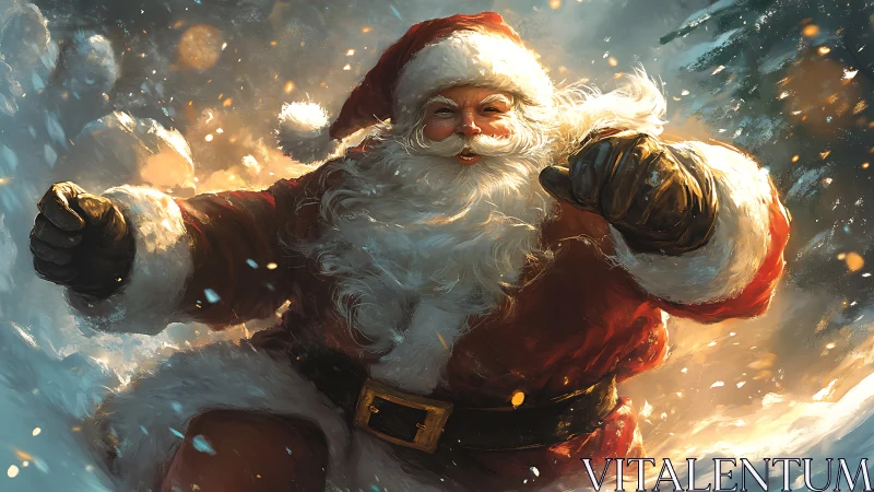 Red-suited bearded figure in active snow scene depiction.