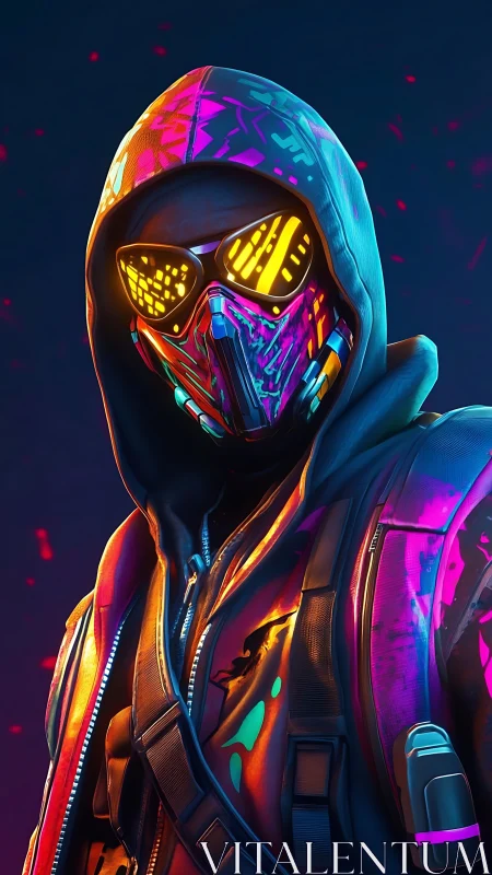 Neon masked renegade stalks the cyber-lit midnight streets.