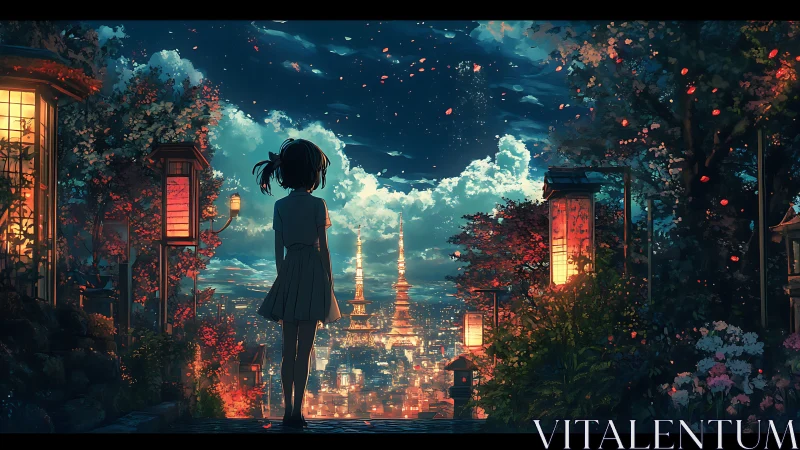 Girl overlooking illuminated city from floral hillside path.