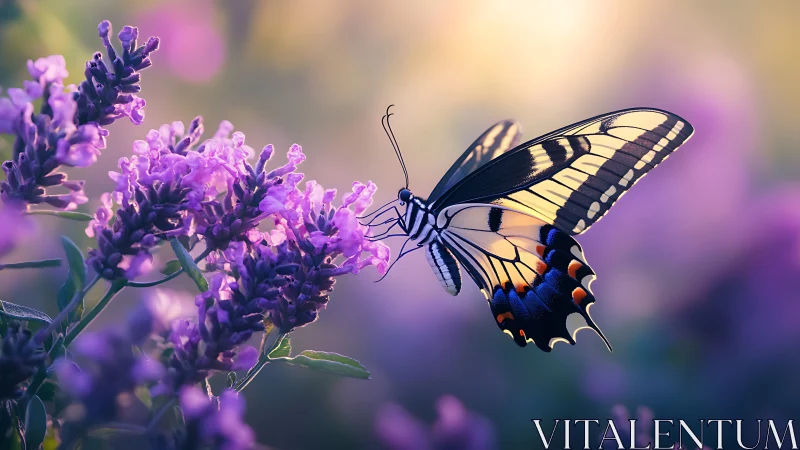 Swallowtail butterfly hovering over lilac blooms at dusk.