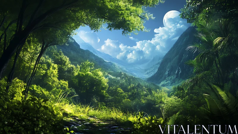 Hidden Valley: Sunlit Mountain Pass Through Dense Tropical Forest.