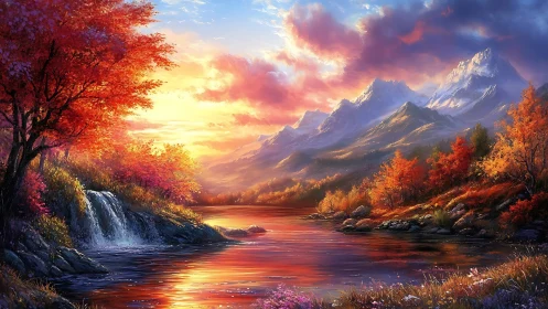 Autumn riverfire beneath storybook peaks at painted sunset.