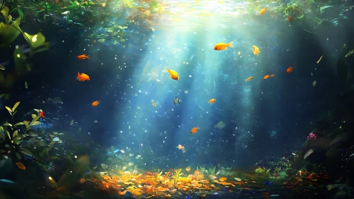 Glowing underwater garden with playful golden fish drifting.