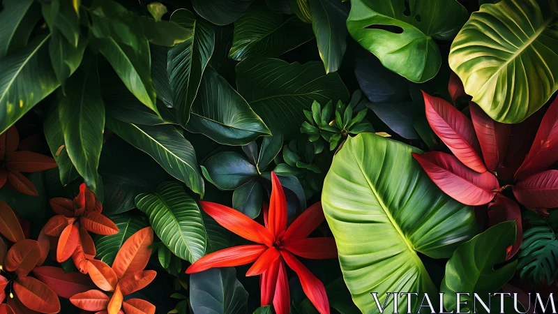 Tropical foliage closeup with red and green broad leaves.