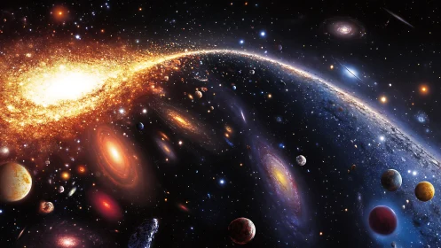 Sweeping galactic arc with radiant nebulae and planetscape.