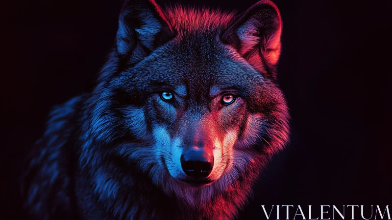 Neon bi-chromatic wolf portrait in cinematic digital painting.