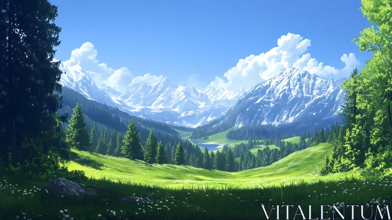 Snow-covered mountain range above forested valley basin.