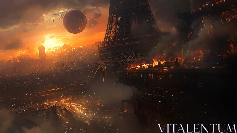 Burning Eiffel Tower in apocalyptic sci fi Paris skyline.