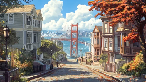 Autumn hilltop avenue gazes toward a sunlit red bay bridge.