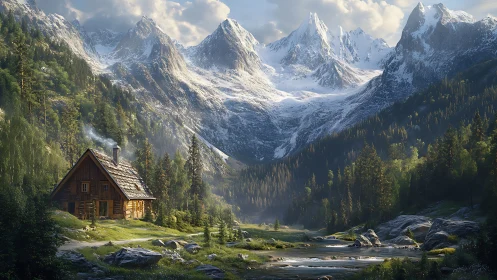 Mountain cabin under snowy peaks in sunlit forest valley.