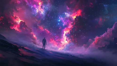 Silhouette observing vivid cosmic clouds and star field.